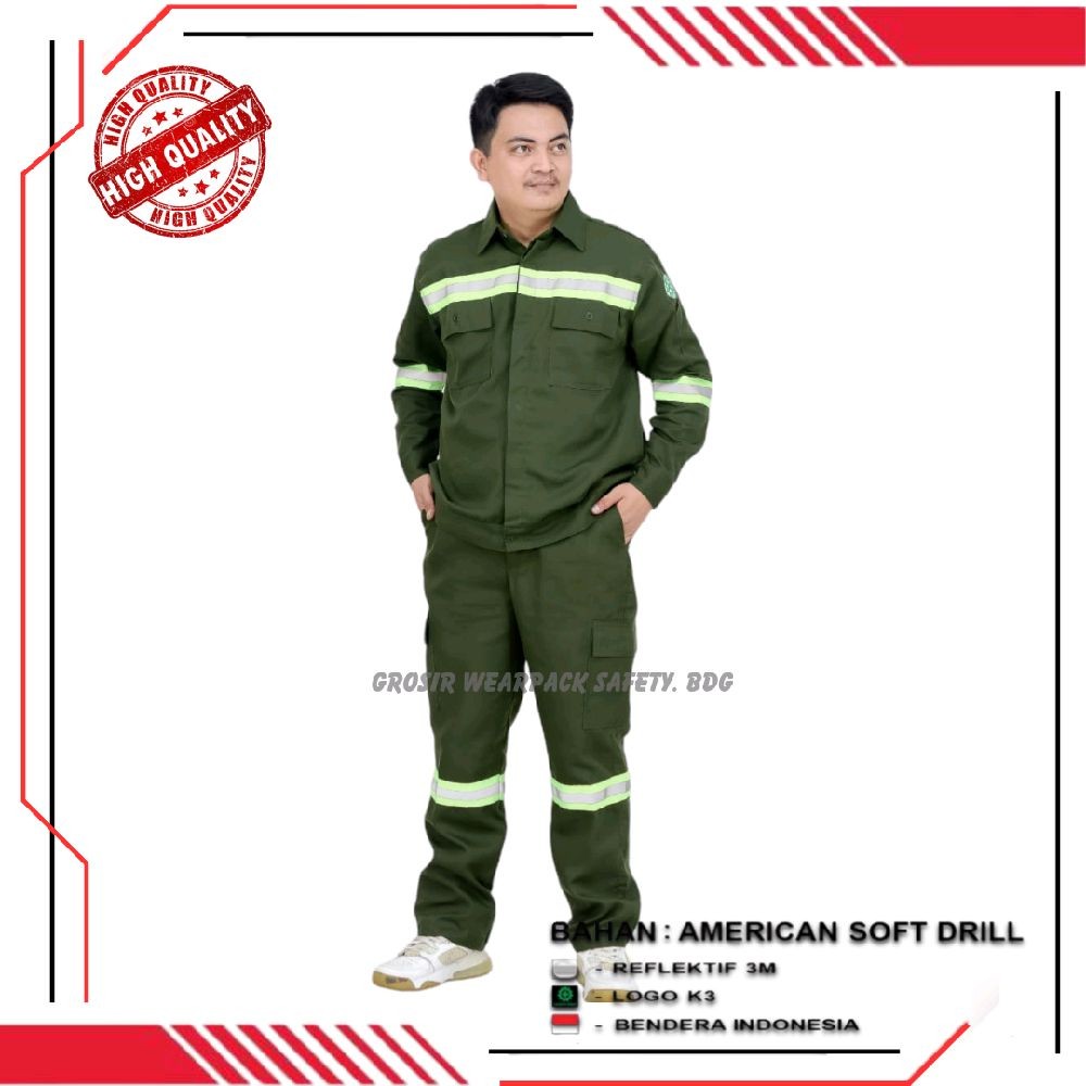 Kemeja Wearpack Safety Seragam Kerja Baju Stelan set Warna Hijau Army Lengan Panjang Lis Strip Hijau