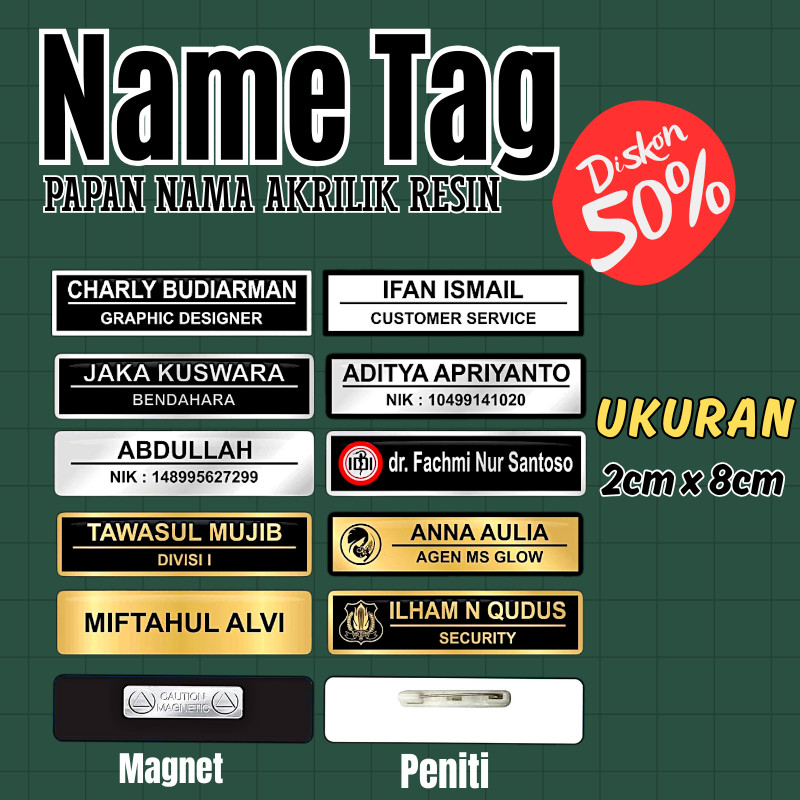 Name Tag Nama Dada Nama Dokter Akrilik Magnet Peniti Gold Silver