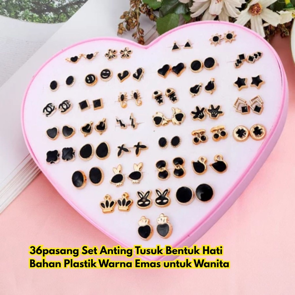 36pasang Set Anting Hati Wanita Tusuk BR243 Bahan Warna Emas Plastik Bentuk untuk