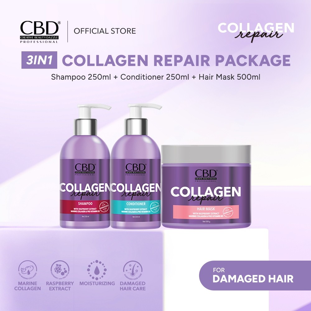 CBD Collagen Repair [UNGU] PAKET 3IN1 Hair Shampoo + Hair Conditioner + Hair Mask 500g