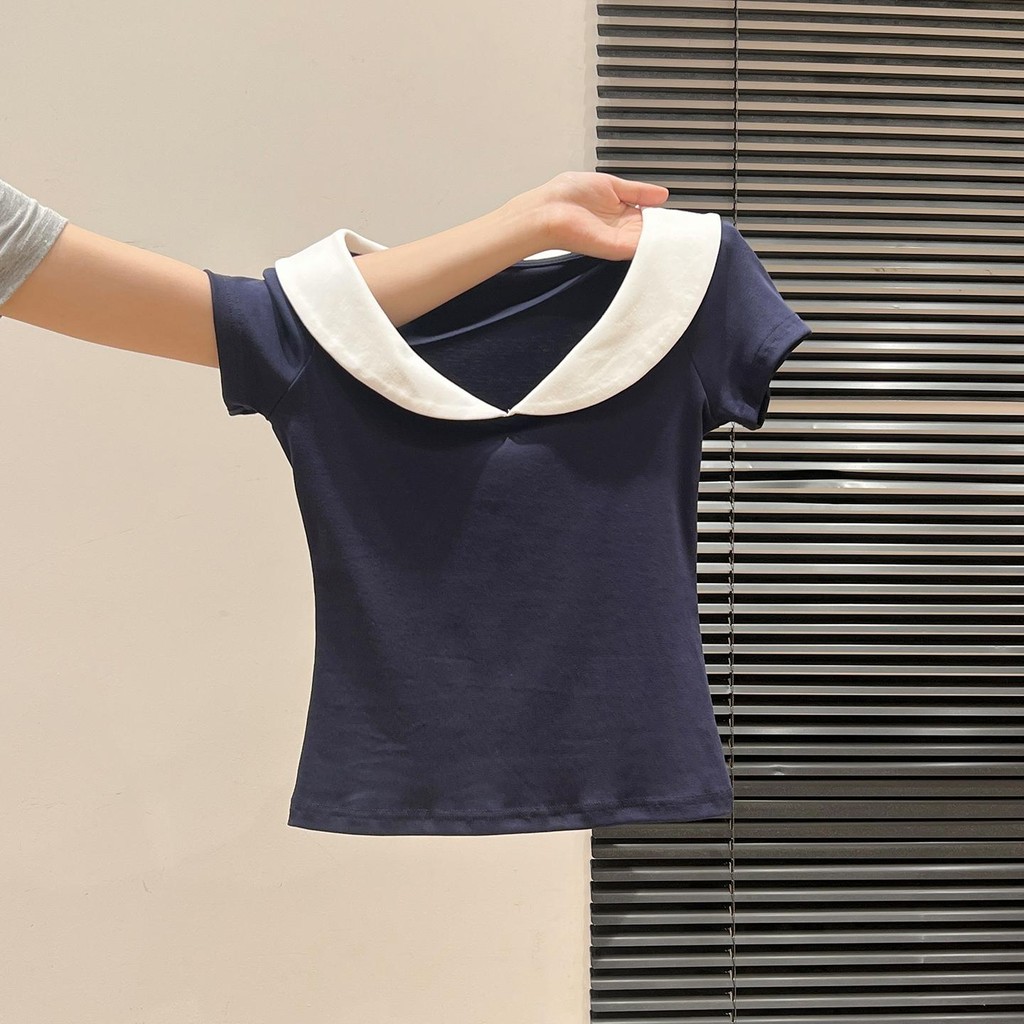 Atasan lengan pendek kerah boneka biru laut/baju kaos polos crop wanita korean style