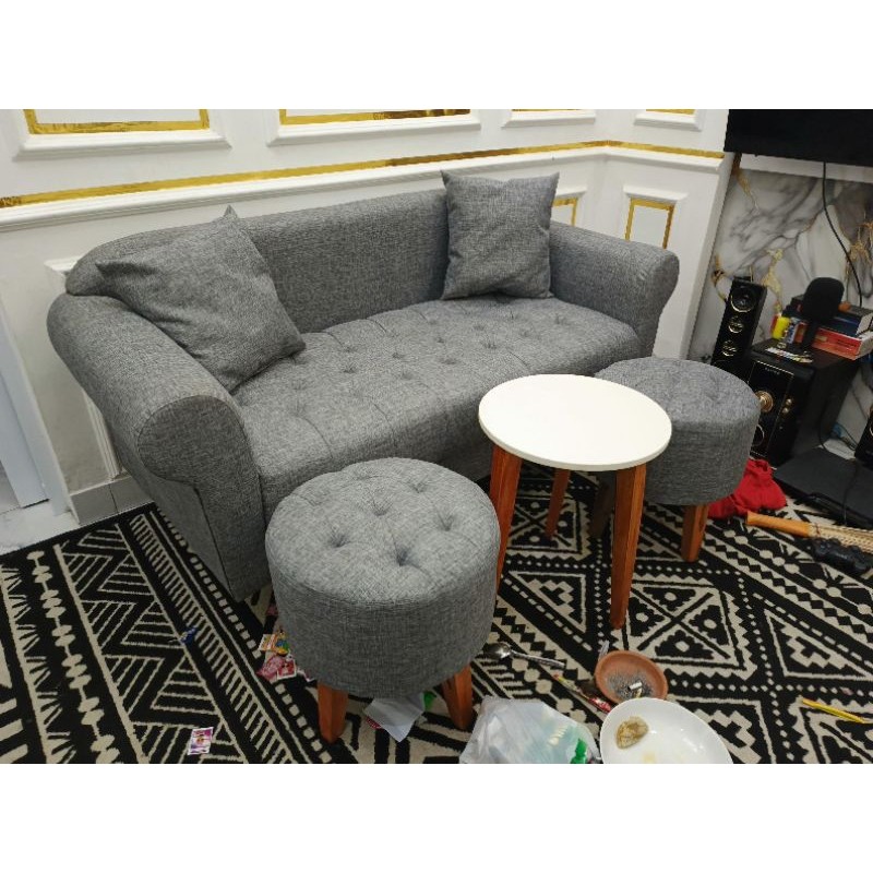 ( 47 ) sofa minimalis set bench tangan P + 2 pcs stool dan free meja sofa costume