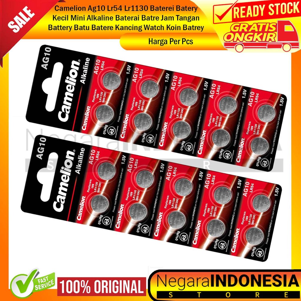 Baterai AG10 LR1130 Camelion 1.5V Alkaline LR54 Batre Kancing Jam Tangan Mainan Kalkulator Thermomet