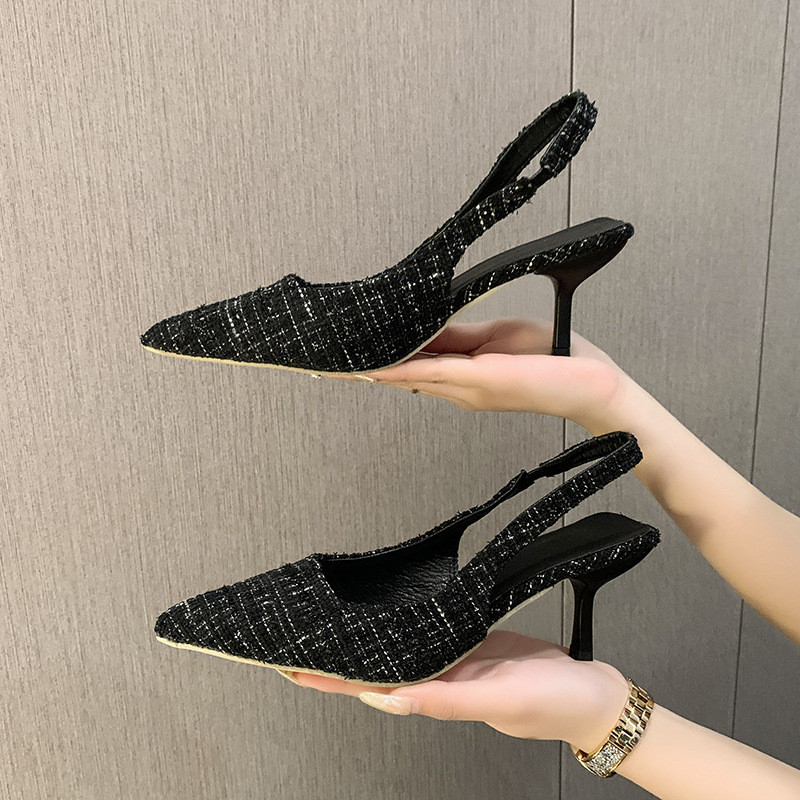 Sepatu hak tinggi wanita, hak tipis, ujung runcing, tinggi hak 6,5 cm