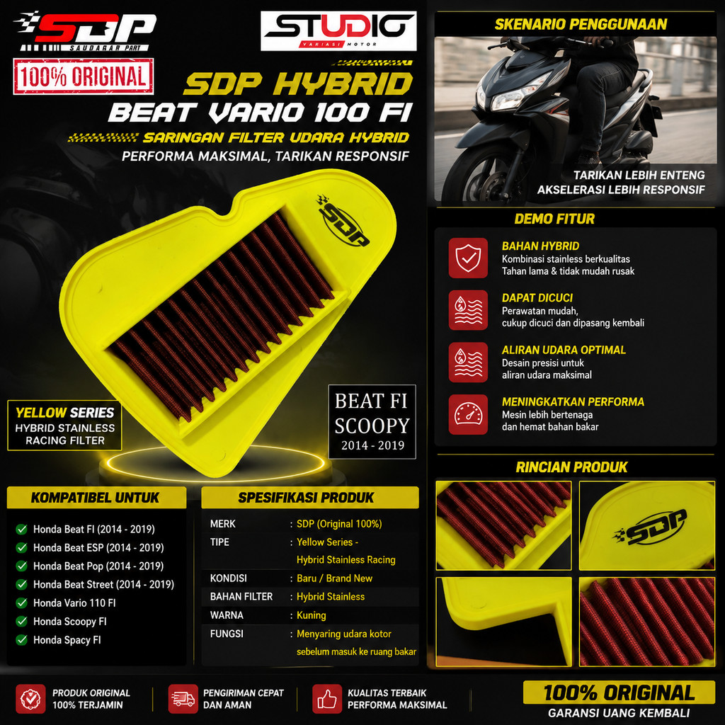 SDP HYBRID BEAT VARIO  Saringan Filter Udara Hybrid Filter Udara Stainless Beat Fi Vario 110 125 150
