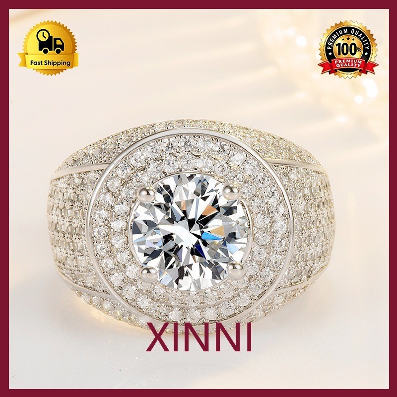 XINNI Cincin Pria Mewah Imitasi Moissanite Berkilau Berlian Penuh Berlapis Emas Putih 18K Warna Emas