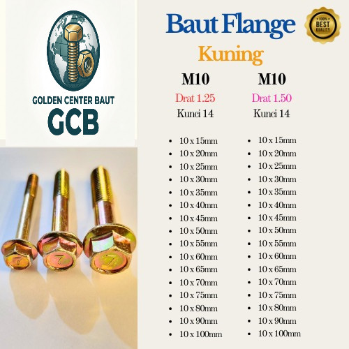 (10 Pcs) Baut Flange Kuning  Ukuran M10 (Kunci 14) Lapis Galvanis