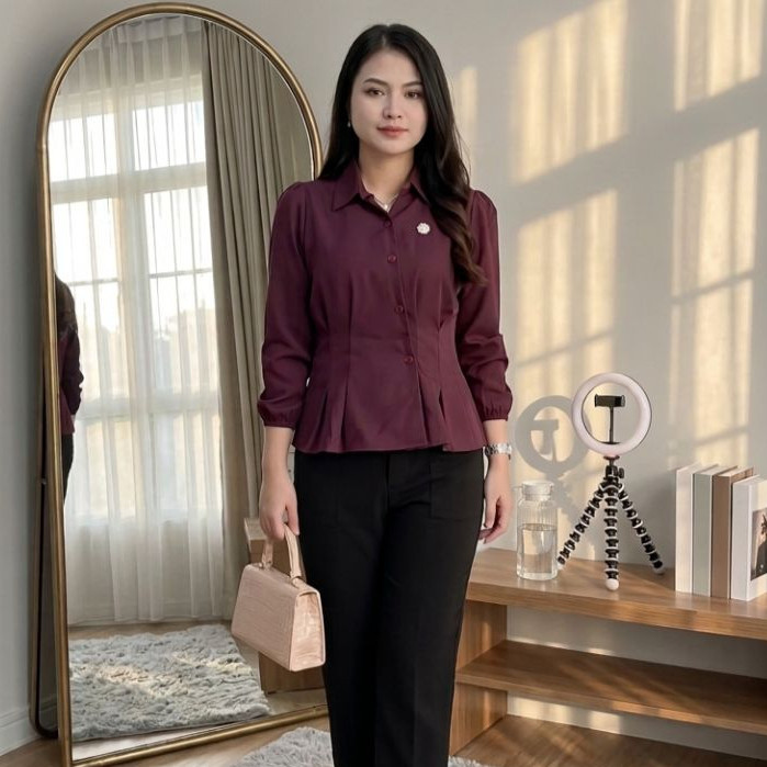 KEMEJA BLOUSE WANITA POLOS REMPEL DEPAN BELAKANG KARET    BERKUALITAS