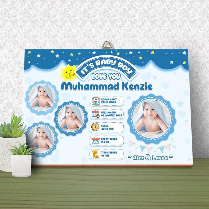Hiasan dinding kayu - hiasan dinding biodata bayi - biodata bayi cowo - biodata bayi cewe tema biru 