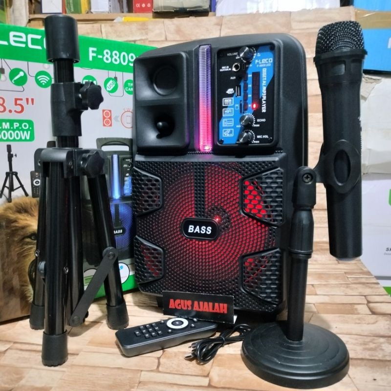 SERBA COD Fleco f8809 LED 5000watt speaker bluetooth karaoke plus mic wireless+stand radio FM USB MP