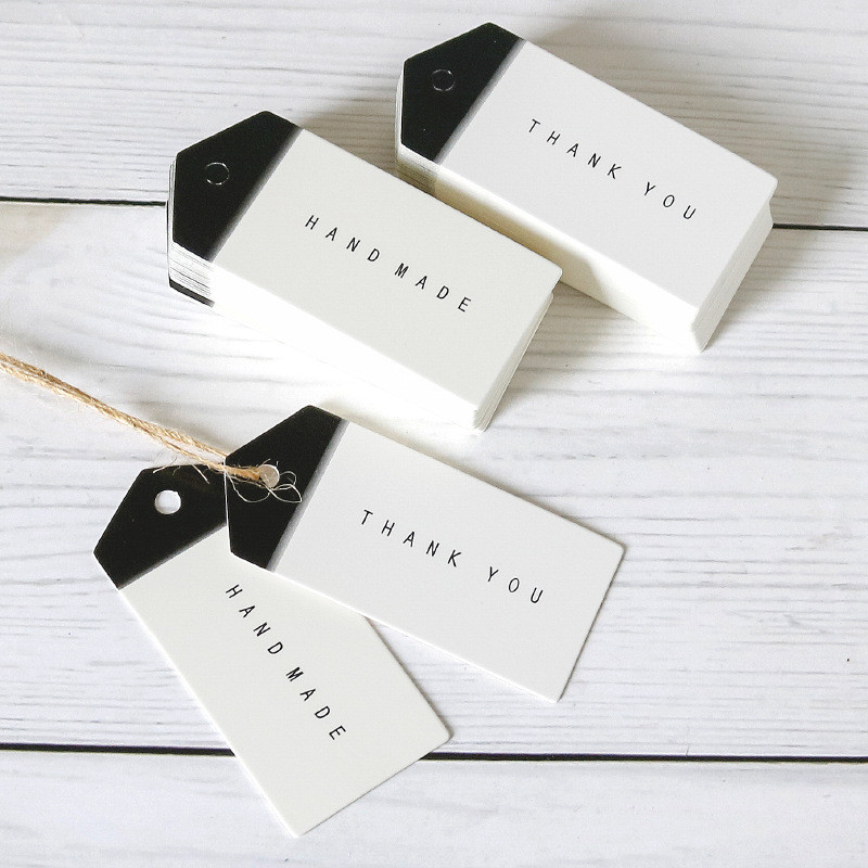

50pcs Thank You Handmade Gift Tags Black White Paper Cards Garment Tag Hanging Labels DIY Apparel Sewing Supplies Wrapping Decor