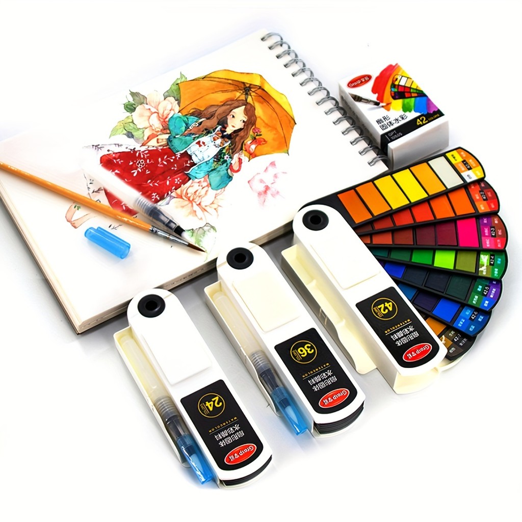 

18/24/36/42 Colors Portable Folding Watercolor Paint Set Solid Painting Pigment Set Painting Kit, Fan Shaped Brush Painting Tool