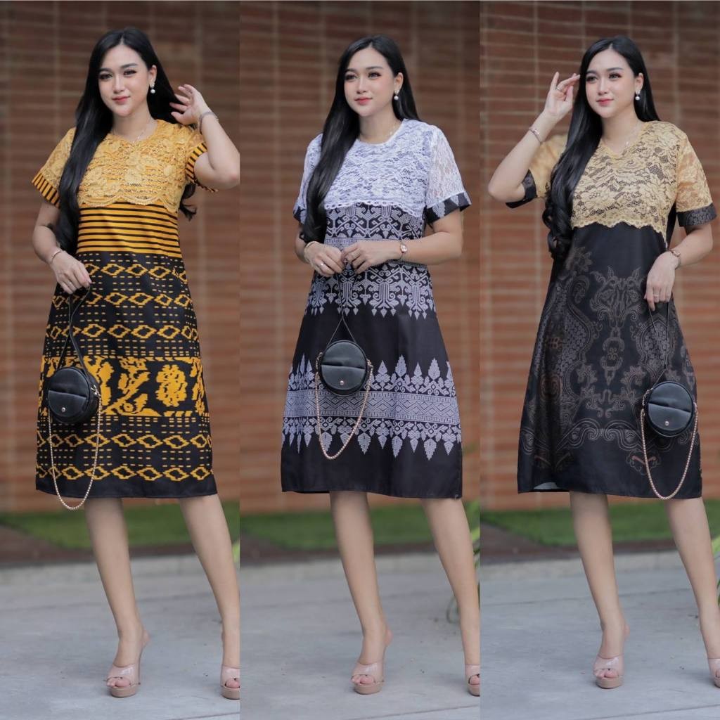 KEISHAN.ID - Dress Batik Wanita Lengan Pendek Katun Kombinasi Brokat Casual Kekinian untuk Natal Kon