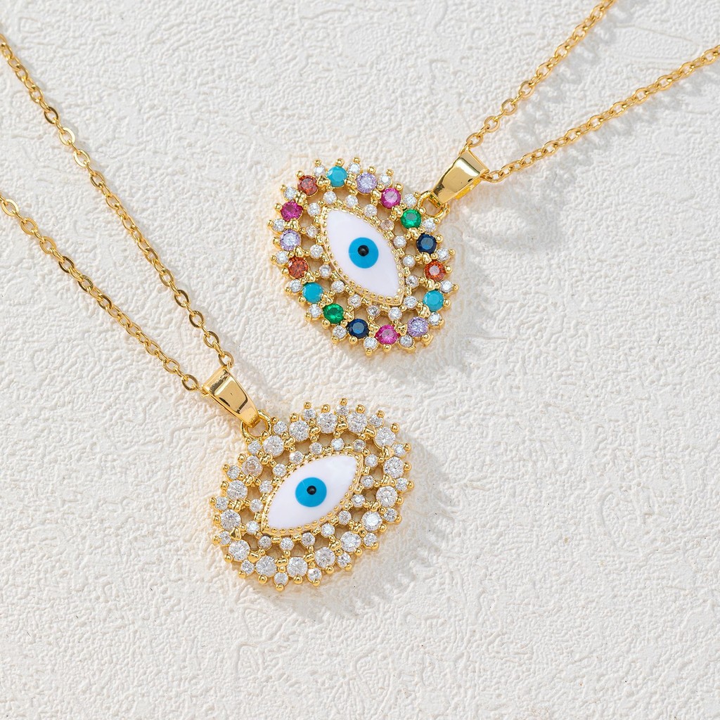 Kalung Mata Iblis Minyak Tetesan Zirkon Wanita Tembaga Berlapis Emas Bohemian Evil Eye Necklace Gros
