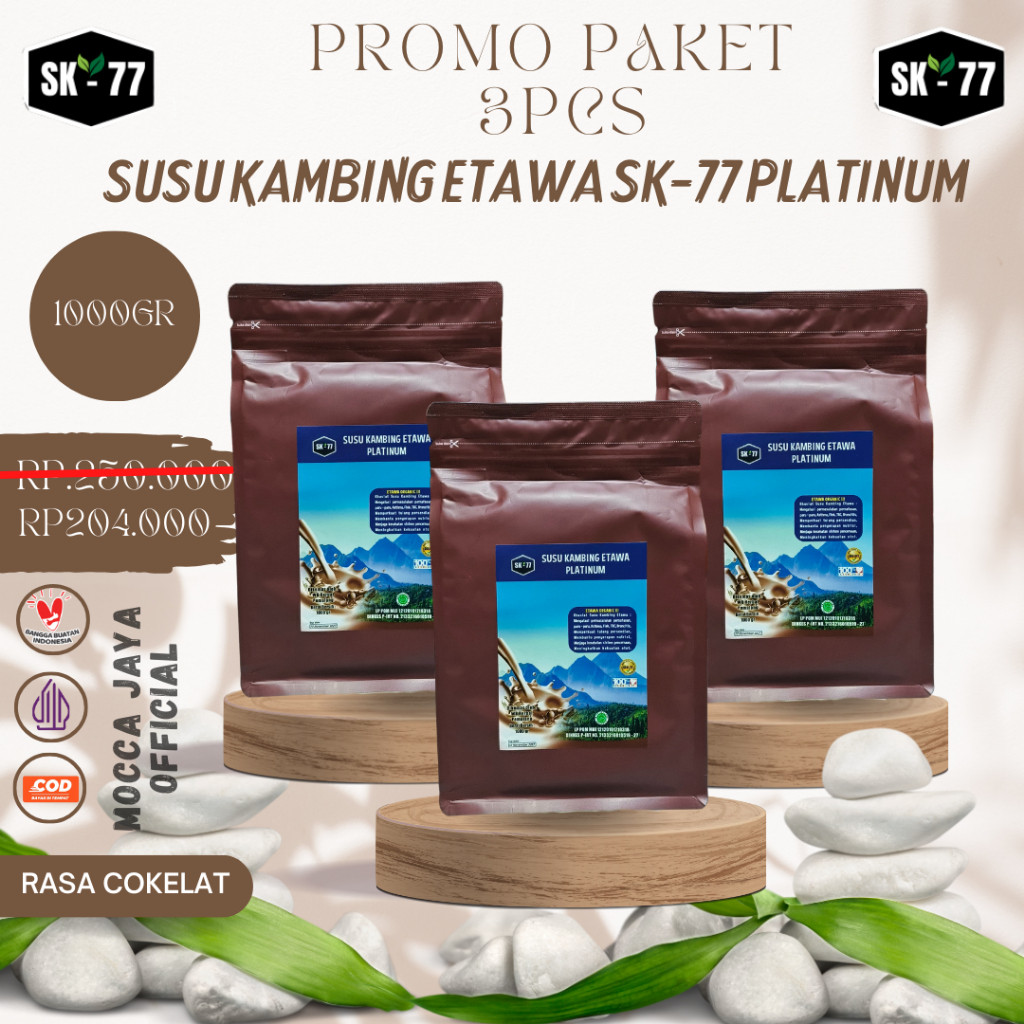 

PAKET HEMAT 3PCS SUSU KAMBING ETAWA BUBUK SK-77 PLATINUM RASA COKELAT KEMASAN 1000GR\500GR\200GR