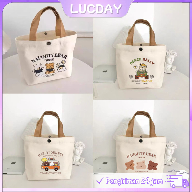 【Ready】Totebag Kanvas Wanita Aesthetic Tas Jinjing Serbaguna Beruang Kecil Tempat Bekal Bag Tangan P
