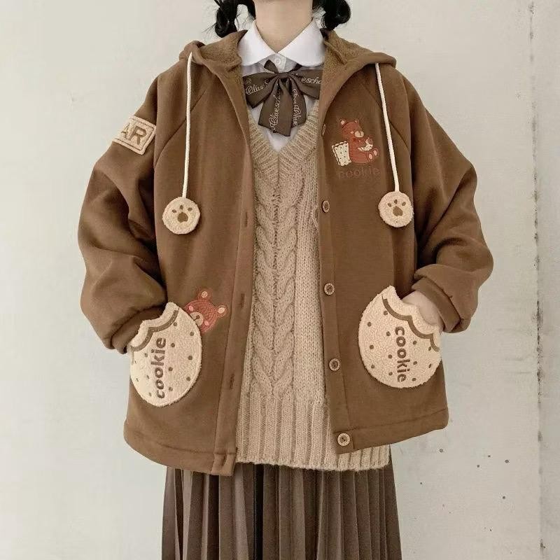 JAKET LUCU WANITA KOREA - COOKIE BEAR BUTTON - JACKET HOODIE TEBAL/Terbaru