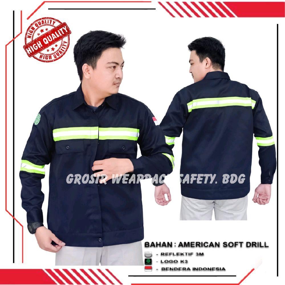 Kemeja Wearpack Safety Warna Navy Seragam Kerja Baju Atasan Lengan Panjang Lis Strip Hijau | Seragam