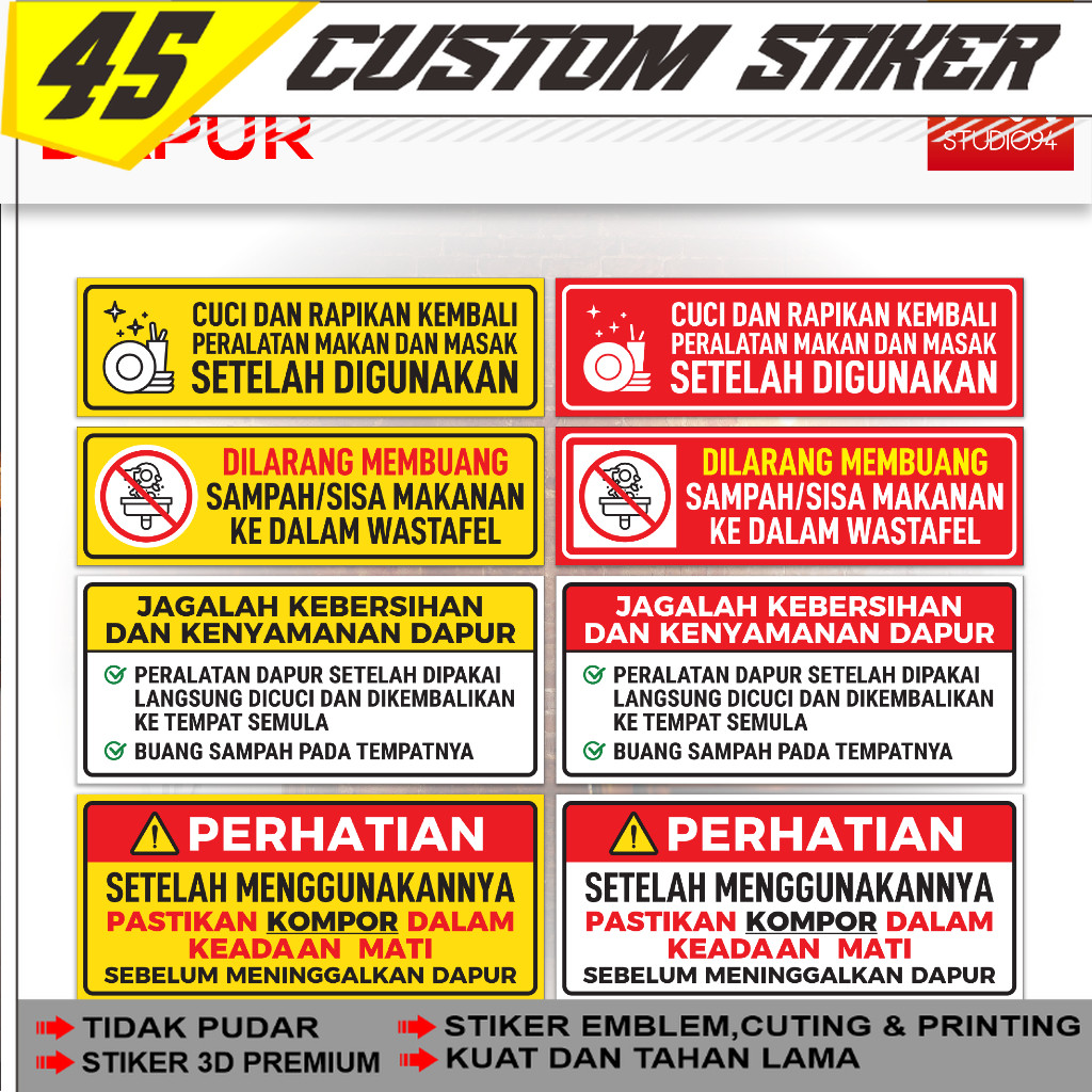 Stiker Peringatan Di Dapur Kos Kostan | Sticker Aturan Dapur Umum | Vinyl Anti Air