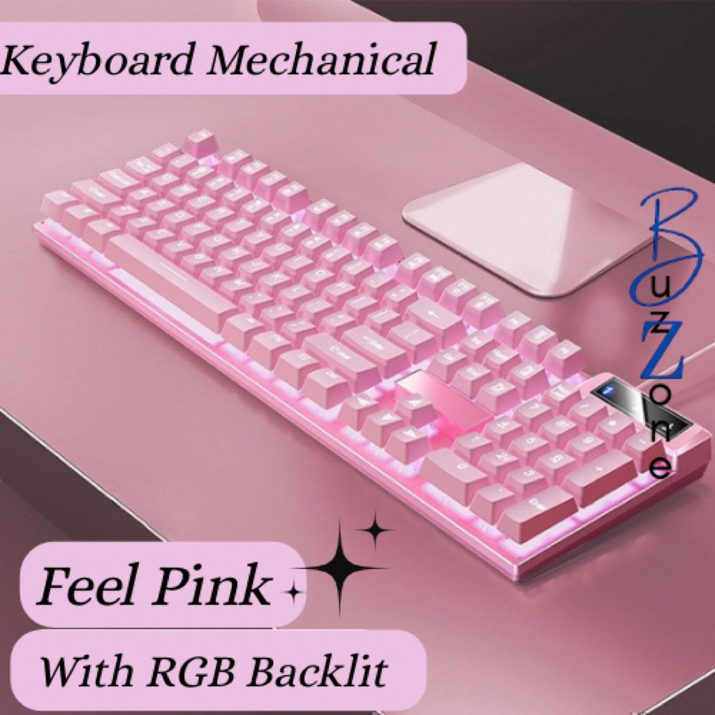 GAMING KEYBOARD MECHANICAL K500 FEEL PINK MEKANIKAL KEYBOARD EKSTERNAL GAMER KABEL LUCU MECHA PURPLE