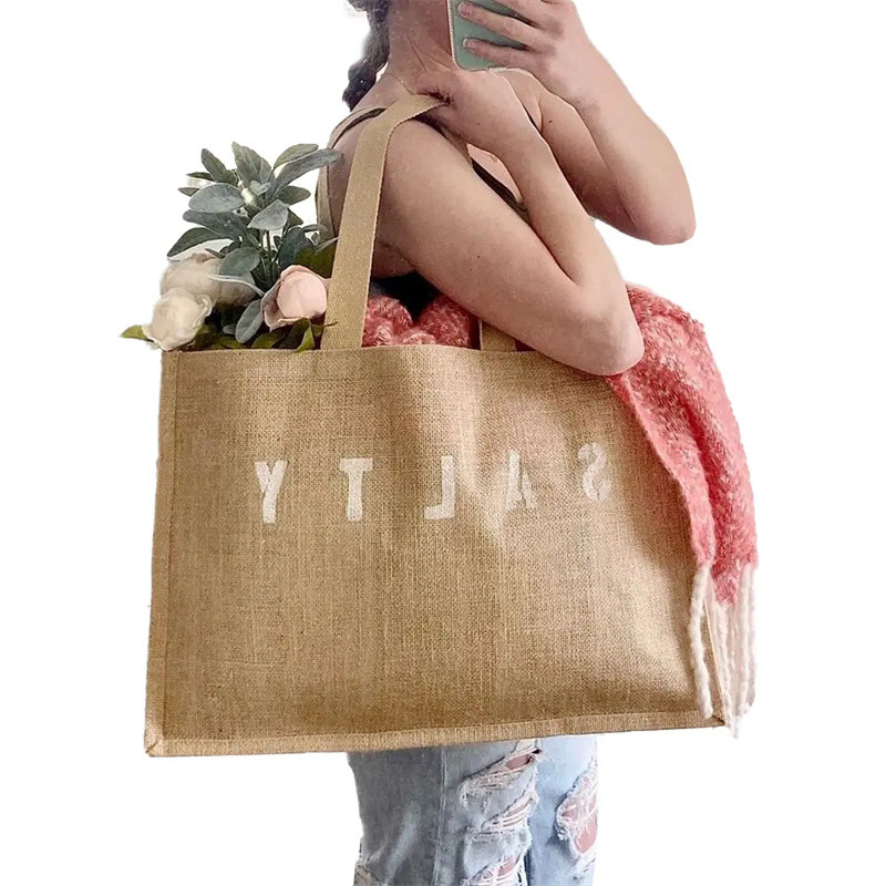 100pcs High quality Custom Logo Color Recycle Grocery Jute Tote Bags Women Fashion Reusable Jute Sho