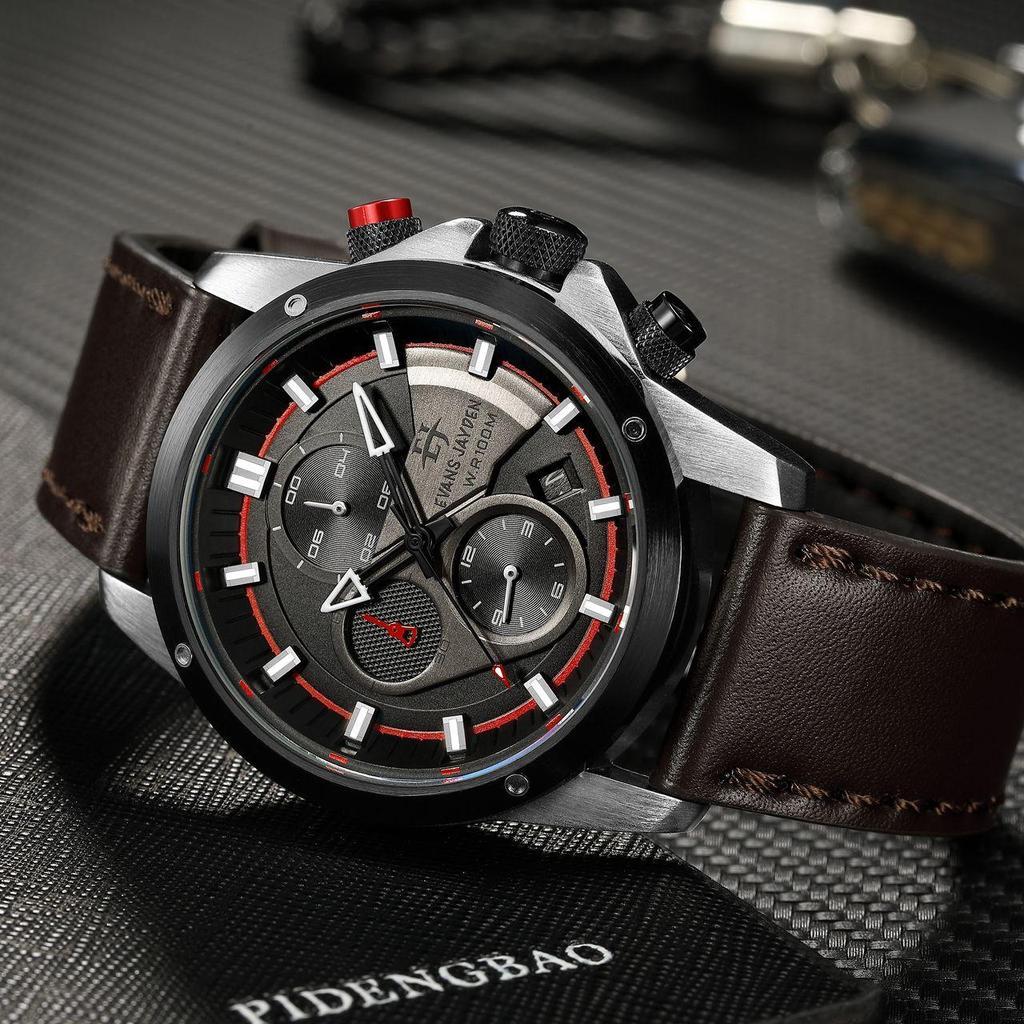 Evans Jayden Jam Tangan Pria 9589 Kulit Kaca Sapphire Chronograph Water Resistant 10 ATM [Terlaris]