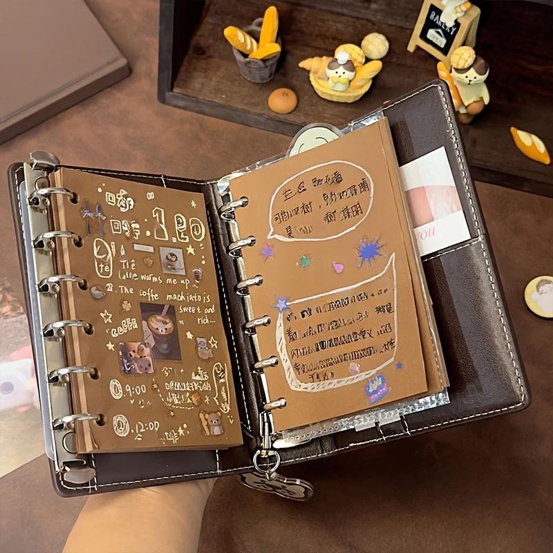 Vintage Brown Black Notebook 6 Hole Loose Leaf Detaable Binder Cover Planner Blank A7 Inner Pages Cr