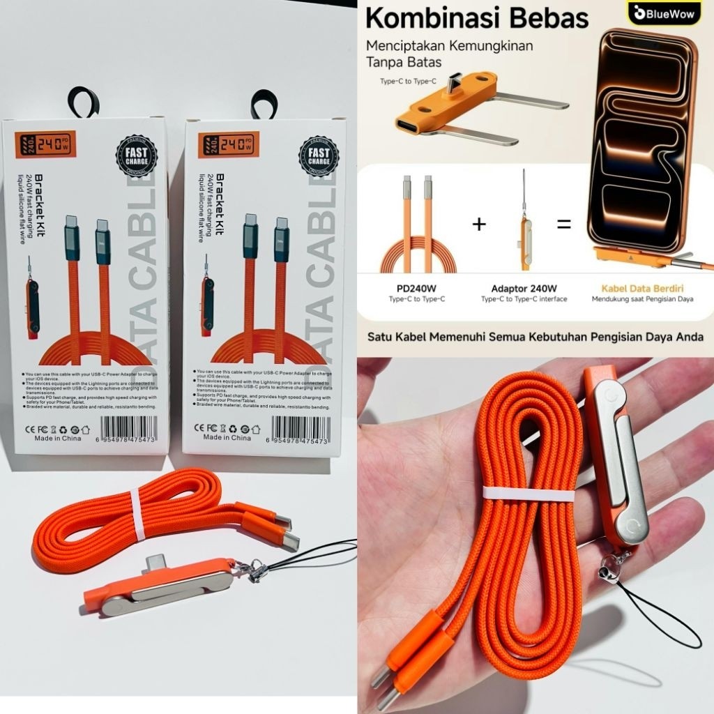 Kabel Data Premium Bluewow 2 IN 1 240W Dudukan Ponsel Siku Kabel Gaming Type C To Type C