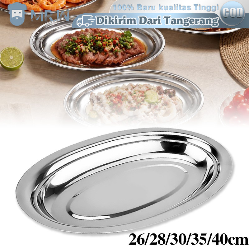 Nampan Oval Stainless Steel Piring Saji Ikan Sate Kukus Tebal Baki Oval Vintage Piring Stainless Ste