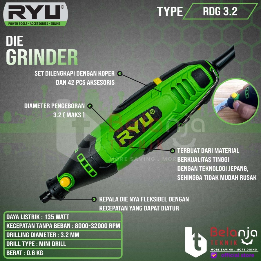 Ryu Mini Die Grinder Listrik RDG 3.2 Mesin Grafir Tuner Drill Bor Mini