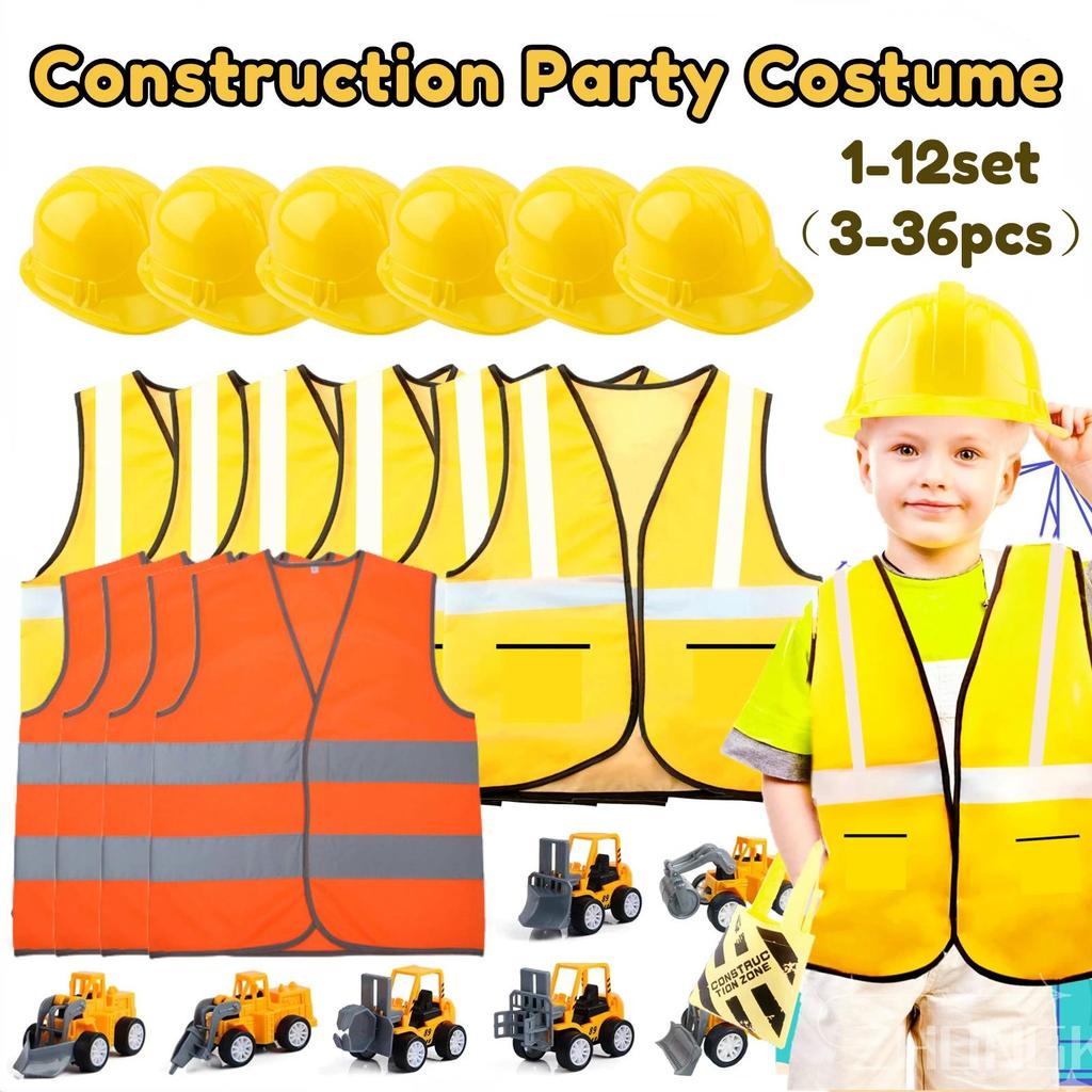 6-12Set Construction Party Favors for Construction Vest Hat Worker Costumes Dress Up Construction Bi