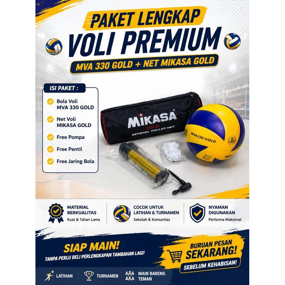 Mikasa Paket Bola Volly MVA330 & Net Gold - Bola Voli Ukuran 5 Kulit PU Leather - Cocok untuk Pertan