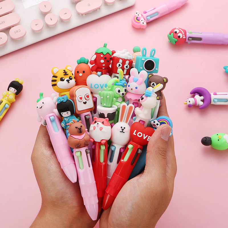 

10Pcs/Lot Kawaii Cartoon Mini 4-color Ballpoint Pen Multi-color Pens Cute 3D Student School Office Stationery Boy Girl Gifts