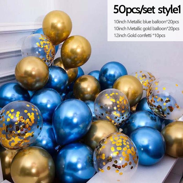 50 pcs Balon Metalik Set Balon Konfeti Latex Chrome Emas Biru Merah Perak untuk Dekorasi Pernikahan 