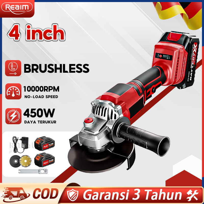 REAIM Mesin Angle Gerinda Baterai Cordless Brushless 4Inch 450W Grinder modern mesin gerinda cordles