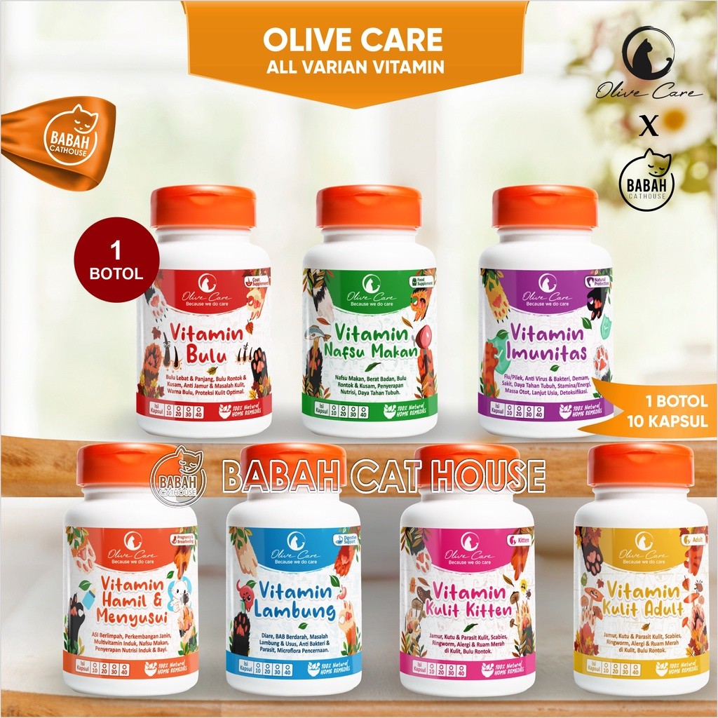 1 BOTOL Vitamin OLIVE CARE All Varian 10 Kapsul Obat Penggemuk Kucing Anak Kitten Cat Penambah Nafsu