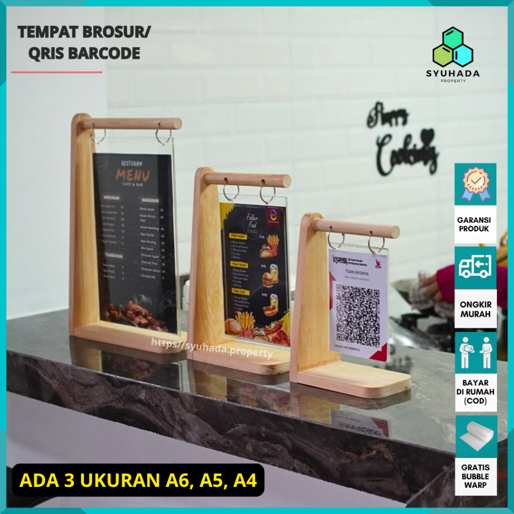 

Tempat Brosur Acrylic kayu A4 A5 A6/ Stand display Tent Holder Serbaguna