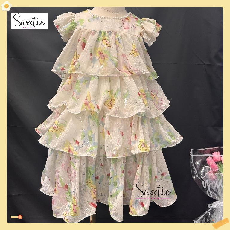 [Sweetie Bloom] Gaun Anak Perempuan Usia 2- 9 Tahun Motif Bunga Warna Warni Lengan Terbang Rok Lapis