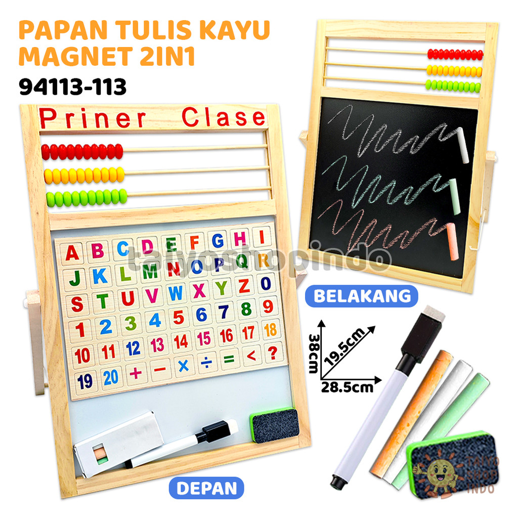 

TAIYO Papan Tulis Kayu Magnet Anak 2IN1 White & Black Board Huruf Angka Spidol Kapur Gambar Edukasi