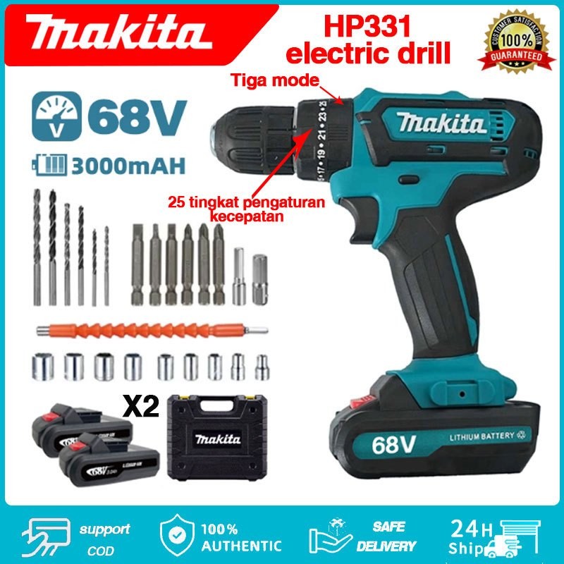 Makita DF331 Bor Tangan Listrik Tanpa Kabel 68V Bor Impact Bor Obeng Listrik Multi-alat