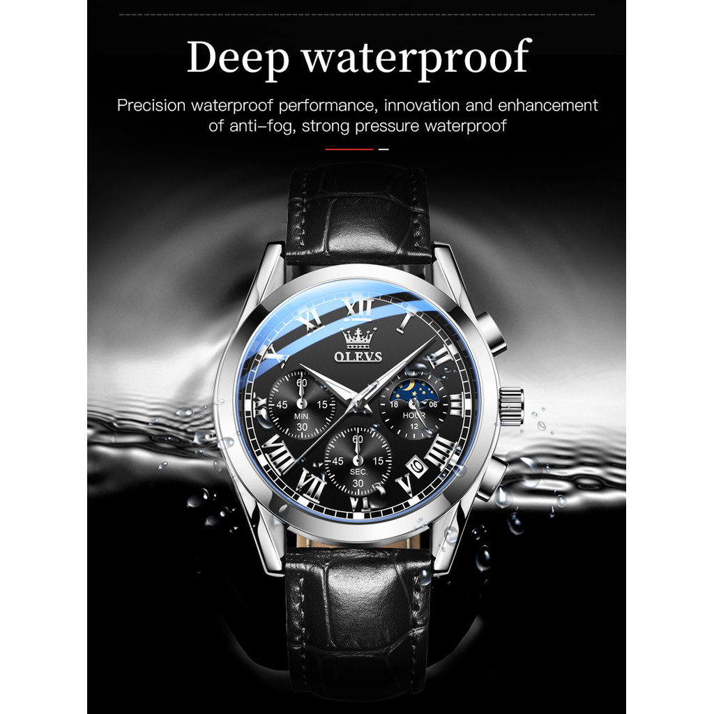 OLEVS 2871 Luxury Quartz Watch for Men Moon Phase Waterproof Luminous Leather Strap Date Mens Wristw