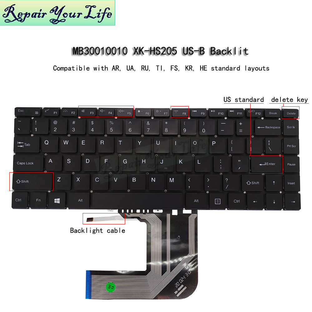 US Backlit Keyboard for BMAX Y13 MaxBook 13.3 Laptop, United States MB30010010 XK-HS205 USA Keyboard
