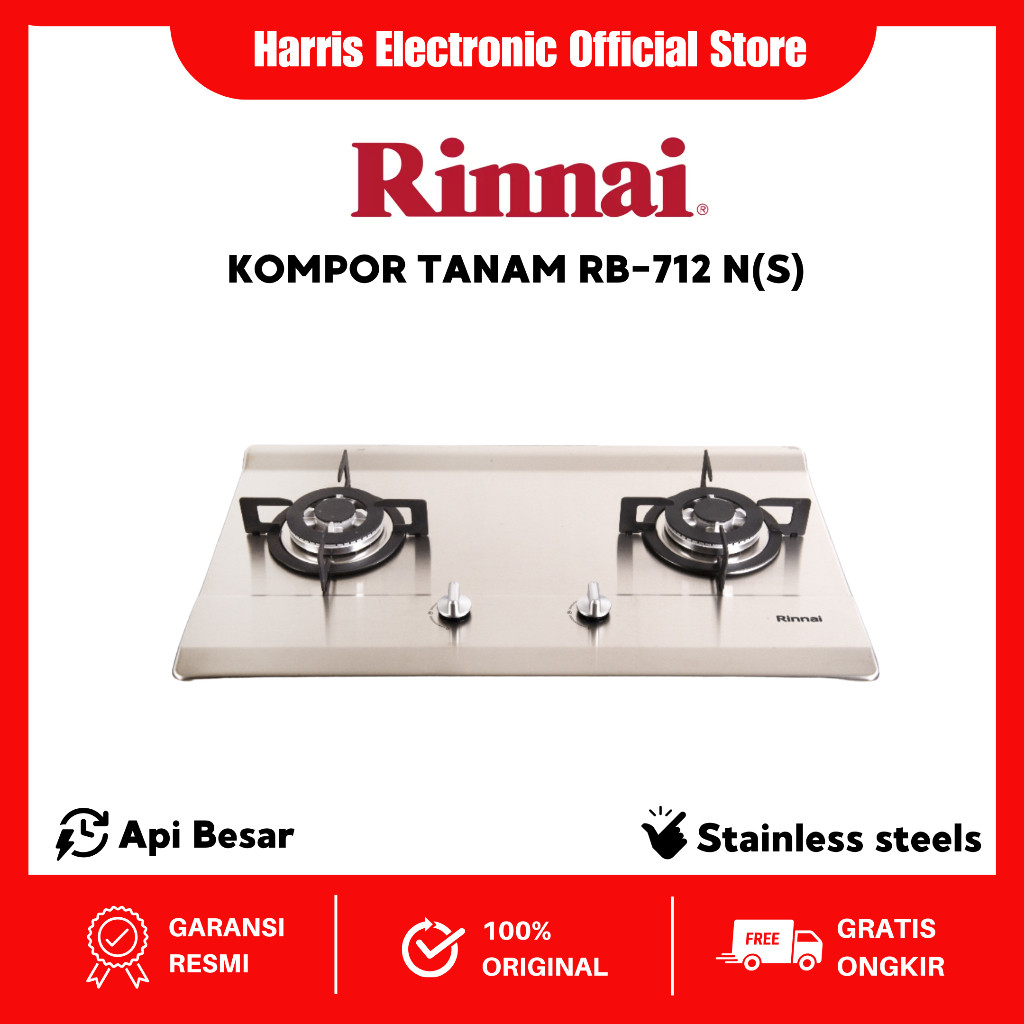 Kompor Gas Tanam 2 Tungku (Stainless) Rinnai RB-712N (S) / RB712NS ORI