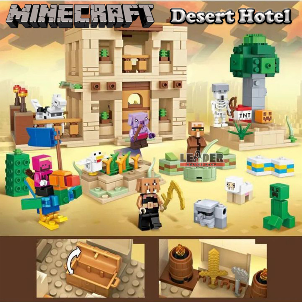 BRICK MINECRAFT MY WORLD DESERT HOTEL MAINAN SUSUN BALOK 785 Pcs 9 FIGUR CREEPER SKELETON VILLAGERS 