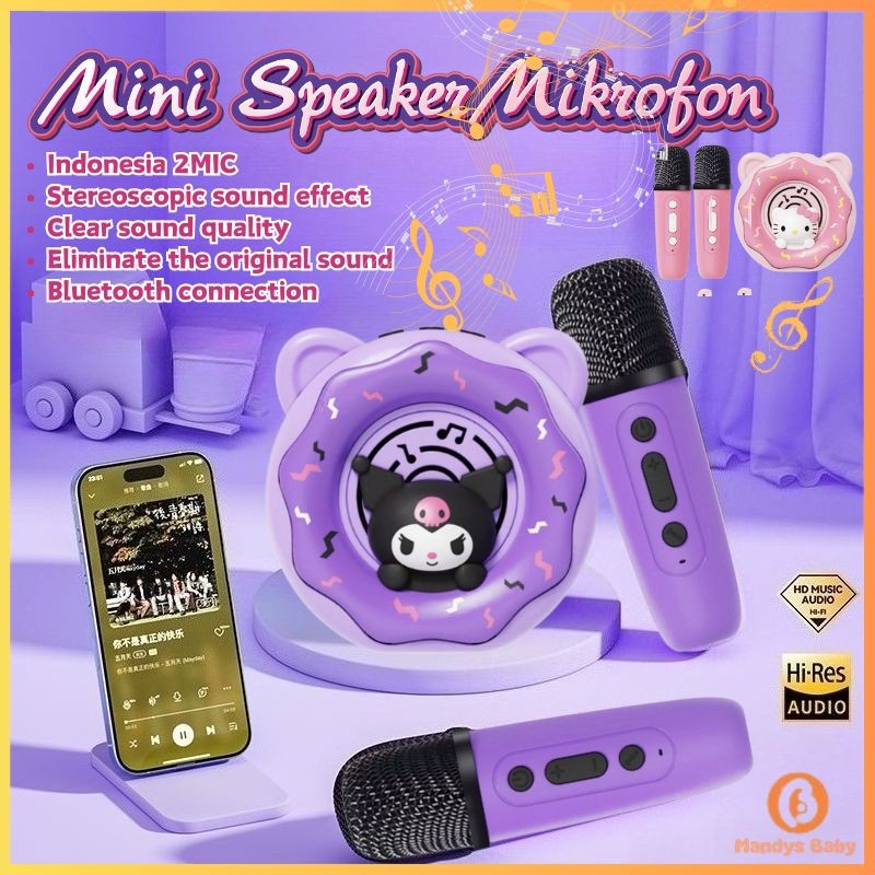Speaker Karaoke Mini Bluetooth Sanrio Hello Kitty/Kuromi Mikrofon Nirkabel Ganda Dengan Lampu Hadiah Anak