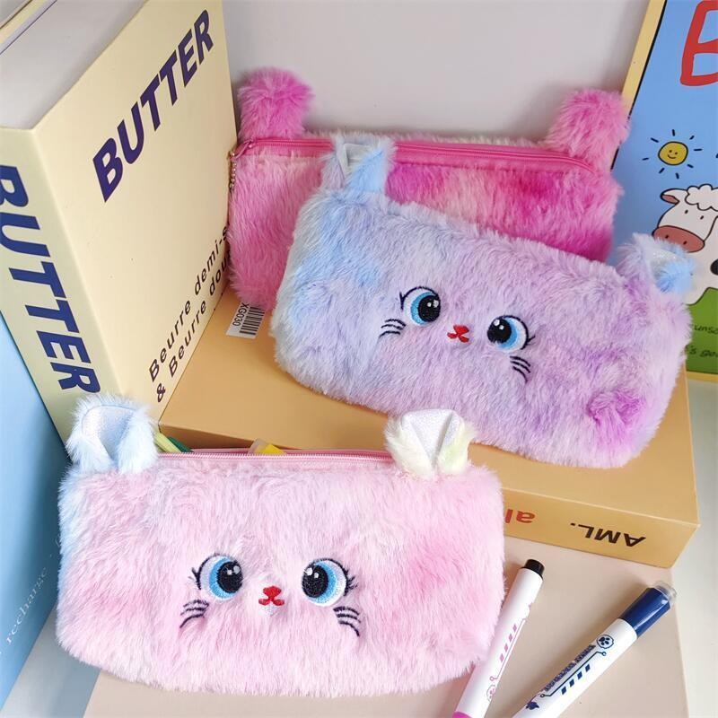 【COD】Tempat Pensil Anak Kucing / Kotak Pensil Bulu Rainbow Kucing Tempat Pensil Bulu Kucing Pelangi 