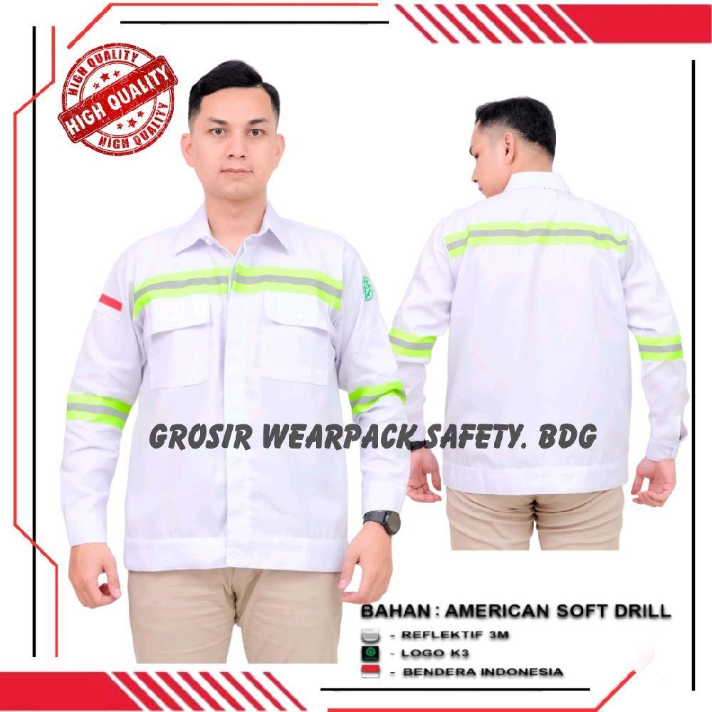 Kemeja Wearpack Safety Warna Putih Seragam Kerja Baju Atasan Lengan Panjang Lis Strip Hijau | Seraga
