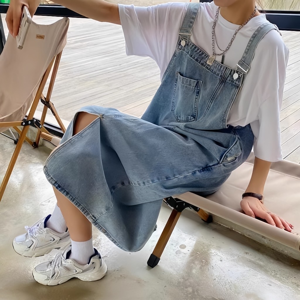 [DTA]Rok Kodok Denim Wanita Panjang Sedang | Overall Jeans Dress Casual Kekinian