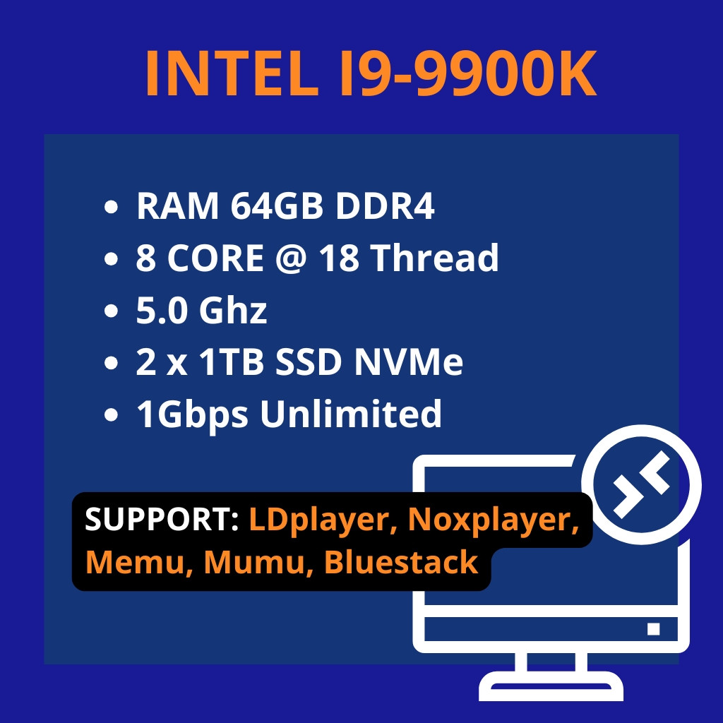 RDP intel core i9-9900K RAM 64GB 8 CORE Super Dedicated Server