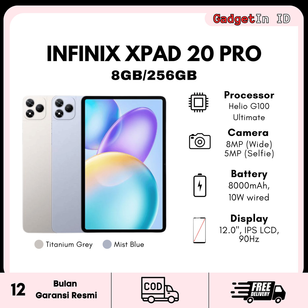 Infinix XPAD 20 PRO 8GB/256GB 12" 2K Display - Helio G100 Ultimate Chipset - Garansi Resmi Nasional